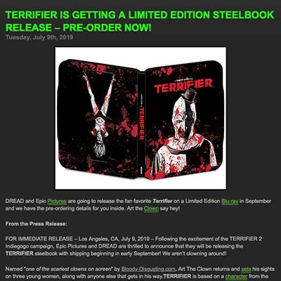 TERRIFIER IS GETTING A LIMITED EDITION STEELBOOK RELEASE – PRE-ORDER NOW!
